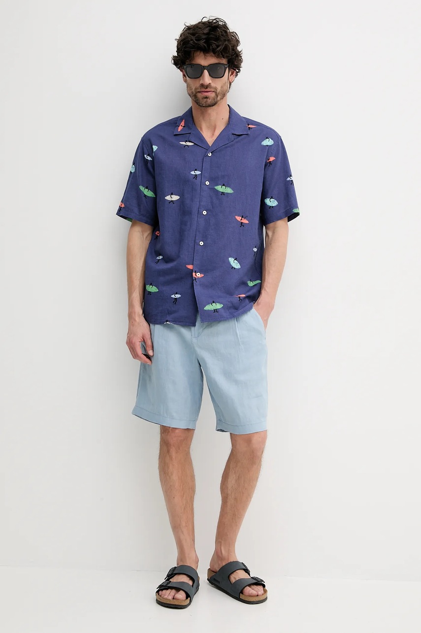 Льняная рубашка United Colors of Benetton цвет синий relaxed 5HPWUQ05B