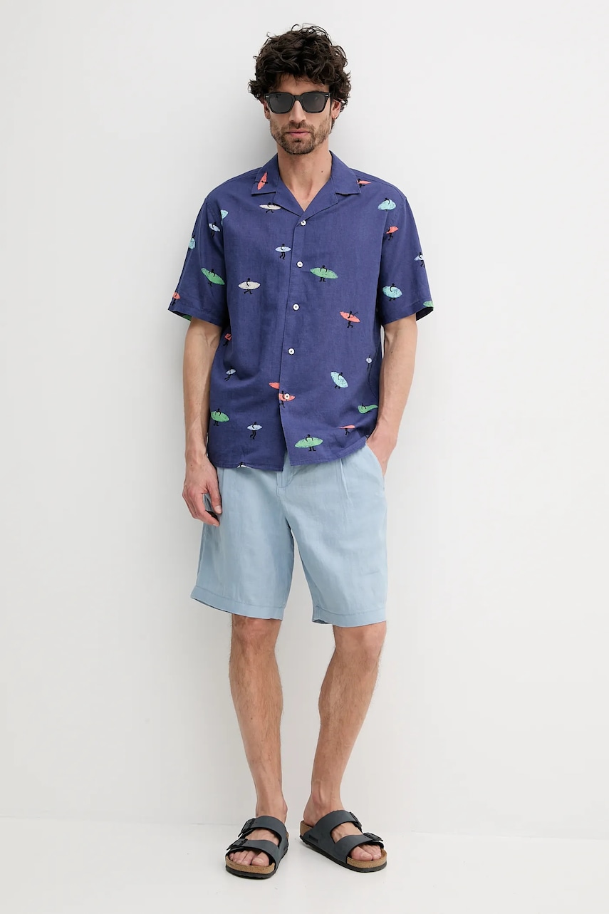 Льняная рубашка United Colors of Benetton цвет синий relaxed 5HPWUQ05B Льняная рубашка United Colors of Benetton цвет синий relaxed 5HPWUQ05B