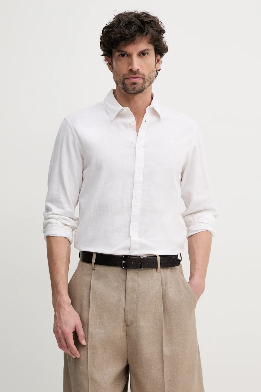 Pepe Jeans camasa de in ARNAU barbati, culoarea bej, cu guler clasic, regular, PM308844 Pepe Jeans camasa de in ARNAU barbati, culoarea bej, cu guler clasic, regular, PM308844