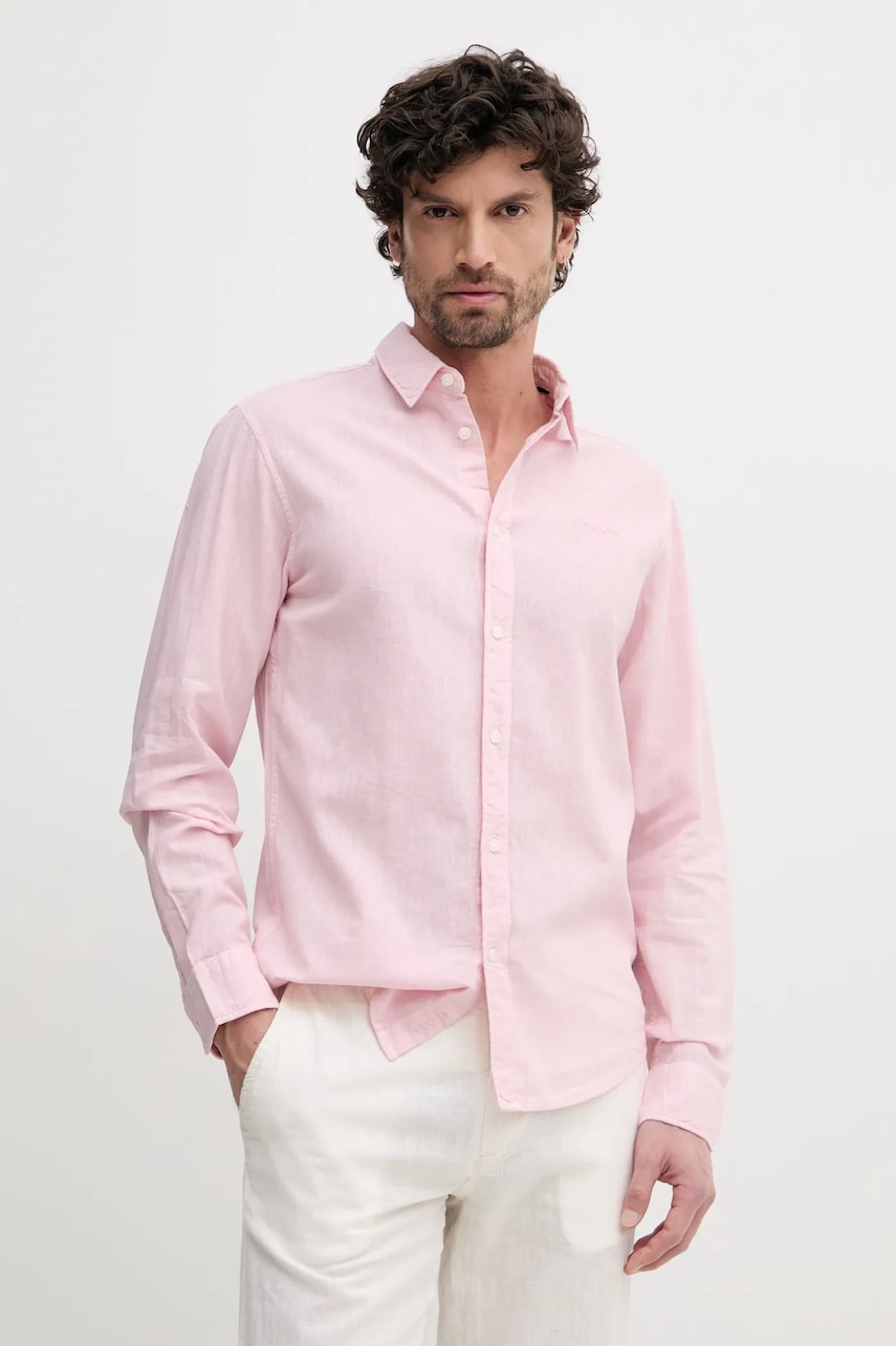 Pepe Jeans camasa de in ARNAU barbati, culoarea roz, cu guler clasic, regular, PM308844 Pepe Jeans camasa de in ARNAU barbati, culoarea roz, cu guler clasic, regular, PM308844