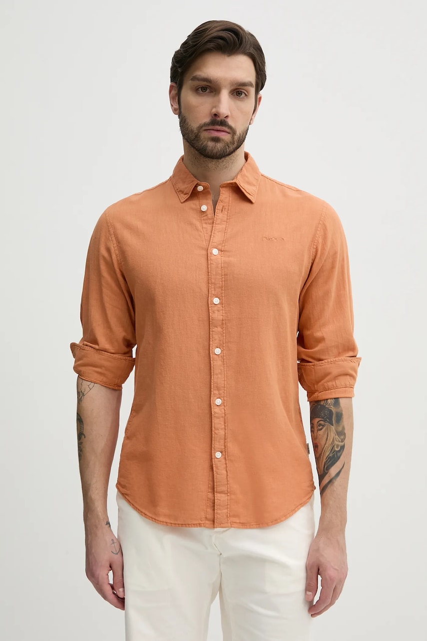 Pepe Jeans camasa de in ARNAU barbati, culoarea portocaliu, cu guler clasic, regular, PM308844 Pepe Jeans camasa de in ARNAU barbati, culoarea portocaliu, cu guler clasic, regular, PM308844