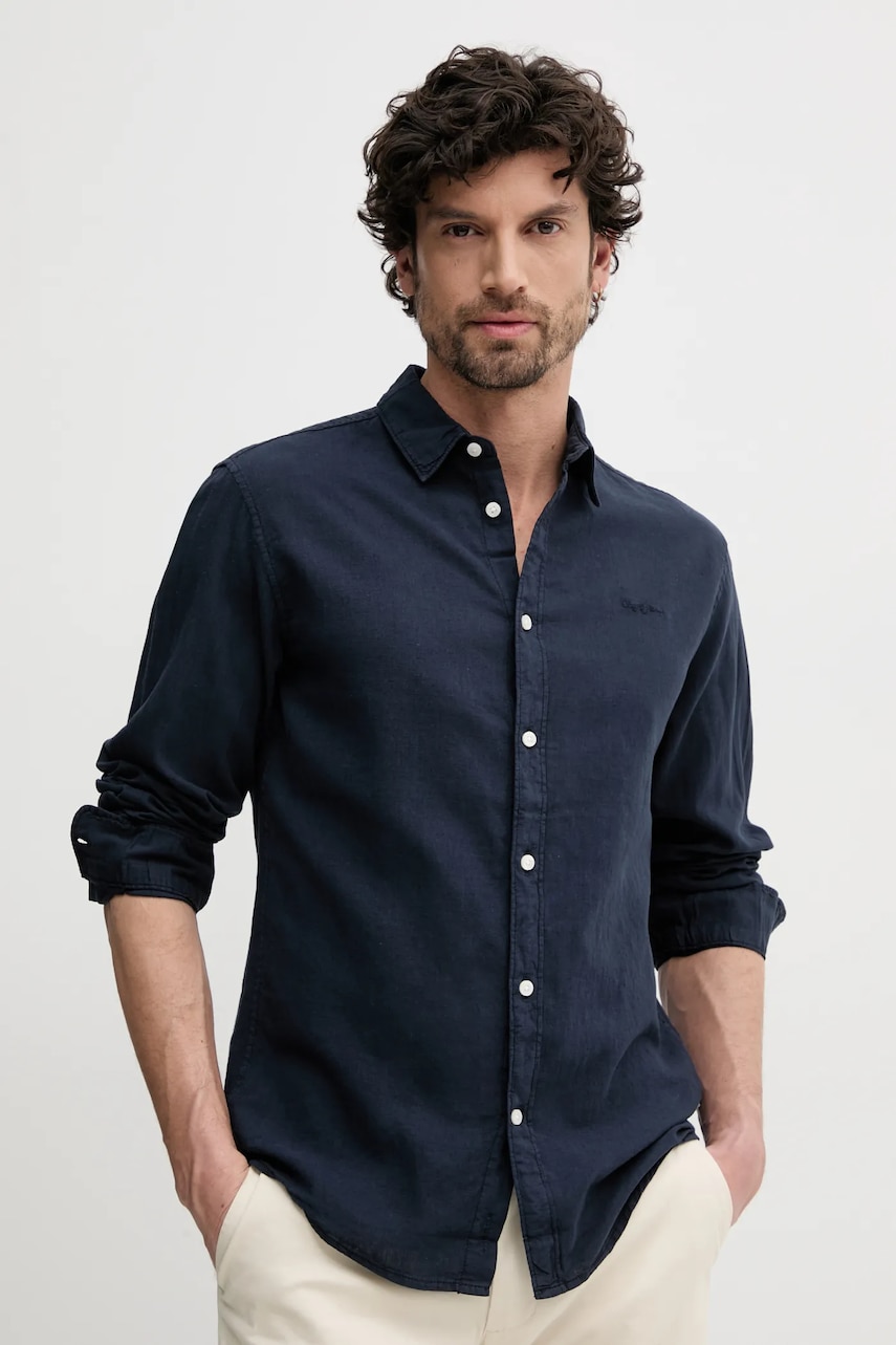 Pepe Jeans camasa de in ARNAU barbati, culoarea albastru marin, cu guler clasic, regular, PM308844 Pepe Jeans camasa de in ARNAU barbati, culoarea albastru marin, cu guler clasic, regular, PM308844