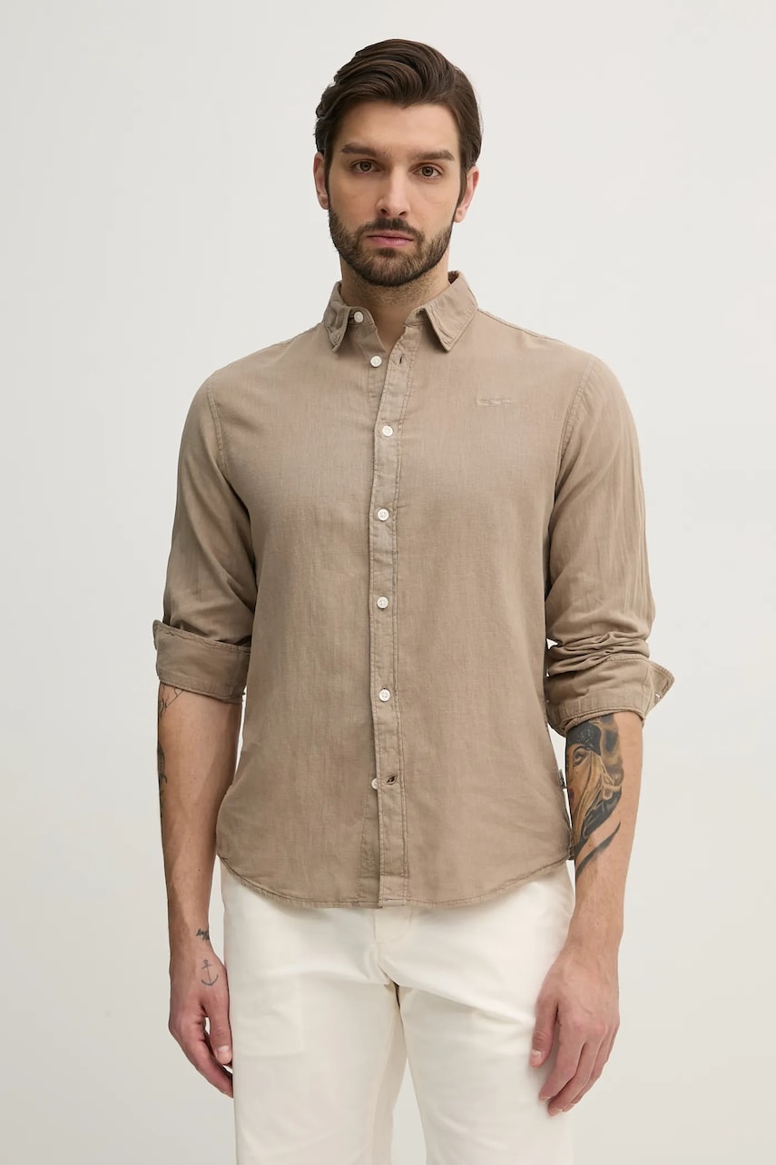 Pepe Jeans camasa de in ARNAU barbati, culoarea bej, cu guler clasic, regular, PM308844 Pepe Jeans camasa de in ARNAU barbati, culoarea bej, cu guler clasic, regular, PM308844