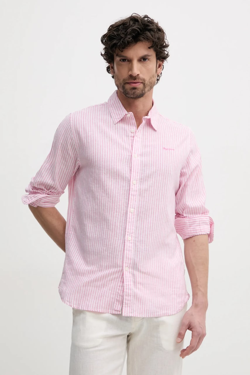 Pepe Jeans camasa de in ARMANDO barbati, culoarea roz, cu guler clasic, regular, PM309028 Pepe Jeans camasa de in ARMANDO barbati, culoarea roz, cu guler clasic, regular, PM309028