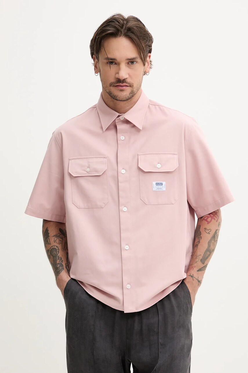 Levně Bavlněná košile Hugo Blue růžová barva, regular, s klasickým límcem, 50517871