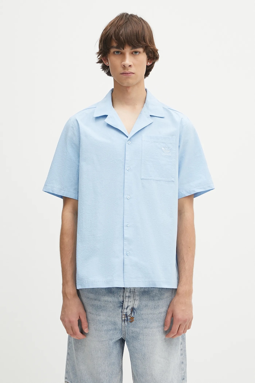 adidas Originals cămașă din bumbac Essentials Seersucker Short Sleeve Shirt cu guler clasic, relaxed, JD2457
