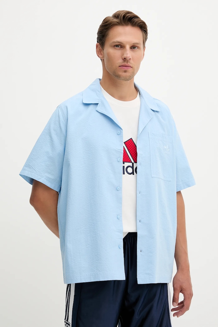 adidas Originals cămașă din bumbac Essentials Seersucker Short Sleeve Shirt cu guler clasic, relaxed, JD2457