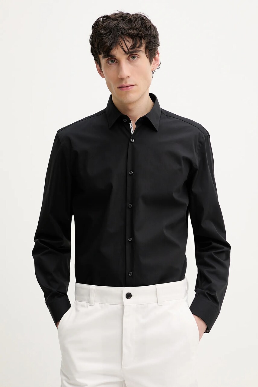 Levně Bavlněná košile HUGO černá barva, slim, s klasickým límcem, 50539808