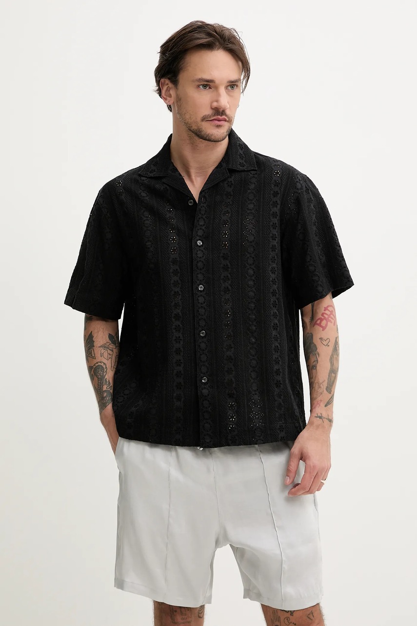 HUGO cămașă din bumbac bărbați, culoarea negru, relaxed, 50539344