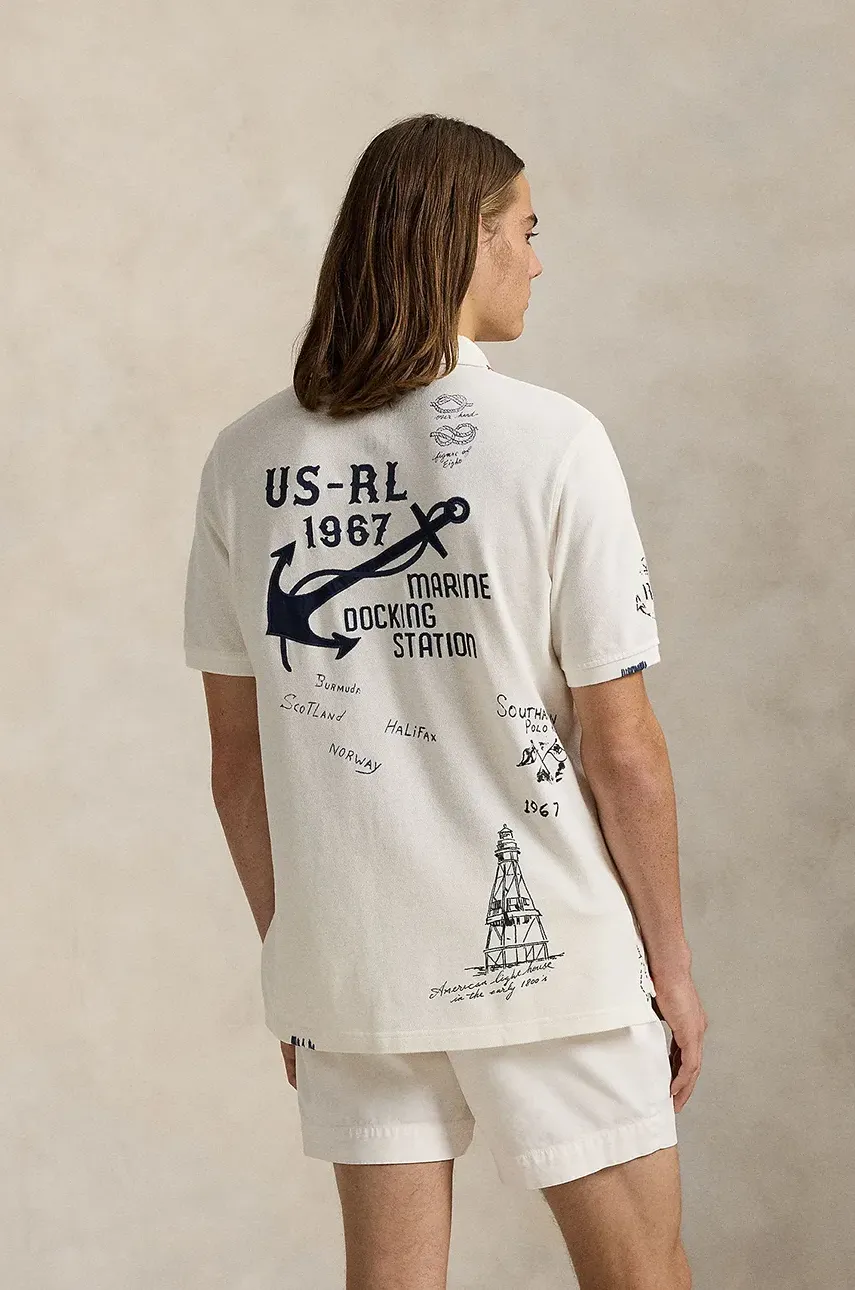 Хлопковое поло Polo Ralph Lauren мужское цвет белый с принтом 710965004 Хлопковое поло Polo Ralph Lauren мужское цвет белый с принтом 710965004