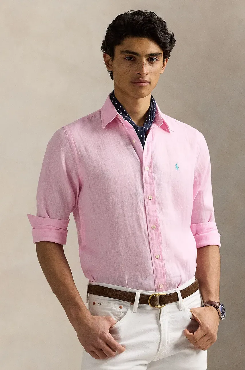 Levně Lněná košile Polo Ralph Lauren pánská, růžová barva, slim, s límečkem button-down, 710968915