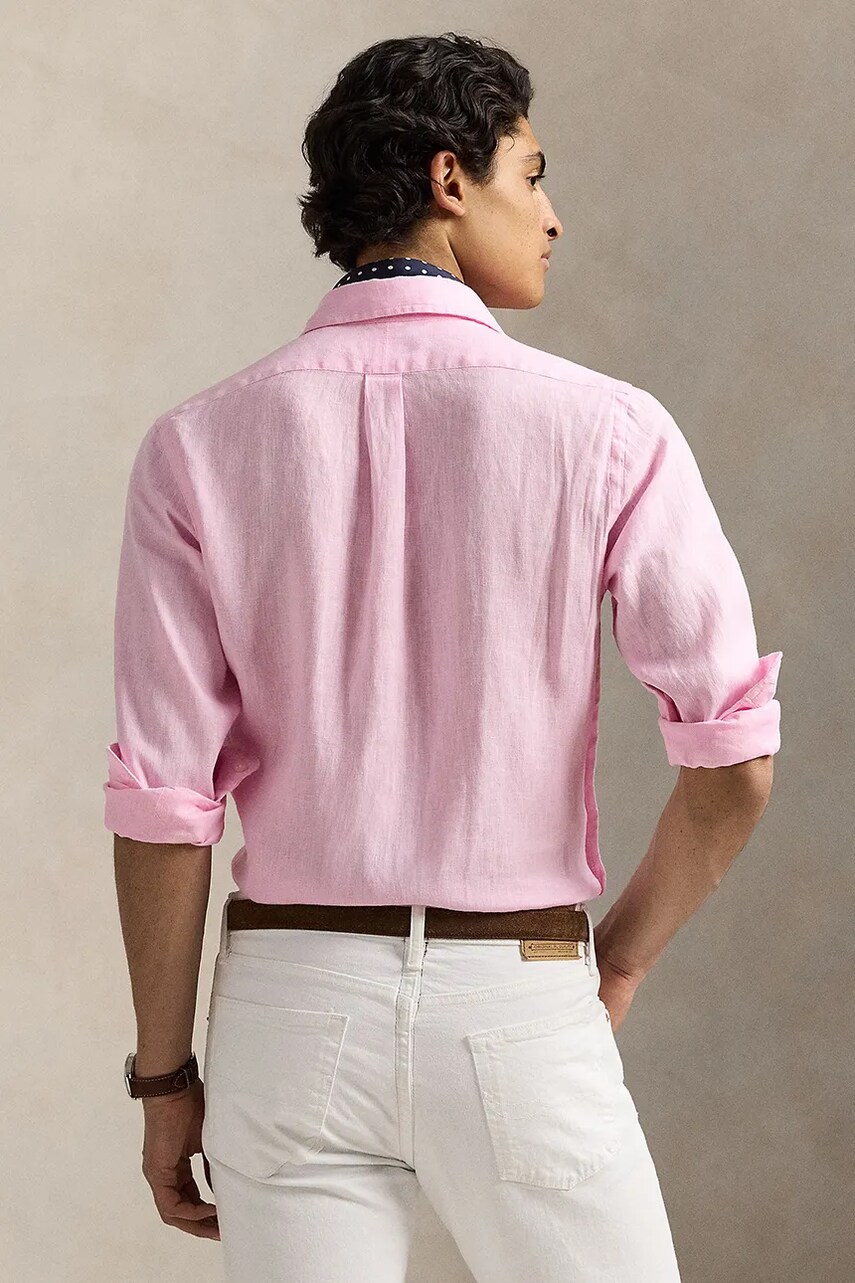 Льняная рубашка Polo Ralph Lauren цвет розовый slim воротник button-down 710968915 Льняная рубашка Polo Ralph Lauren цвет розовый slim воротник button-down 710968915