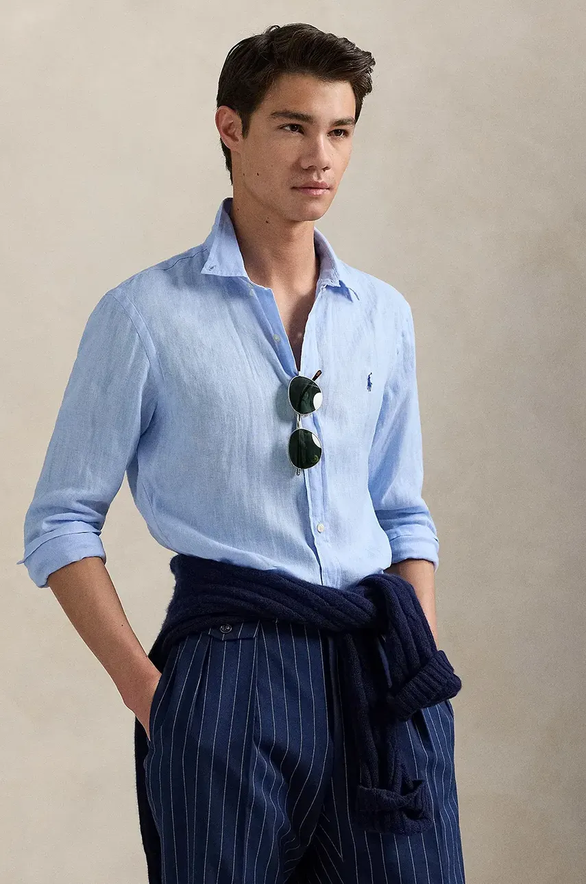 Levně Lněná košile Polo Ralph Lauren pánská, tmavomodrá barva, slim, s límečkem button-down, 710968915