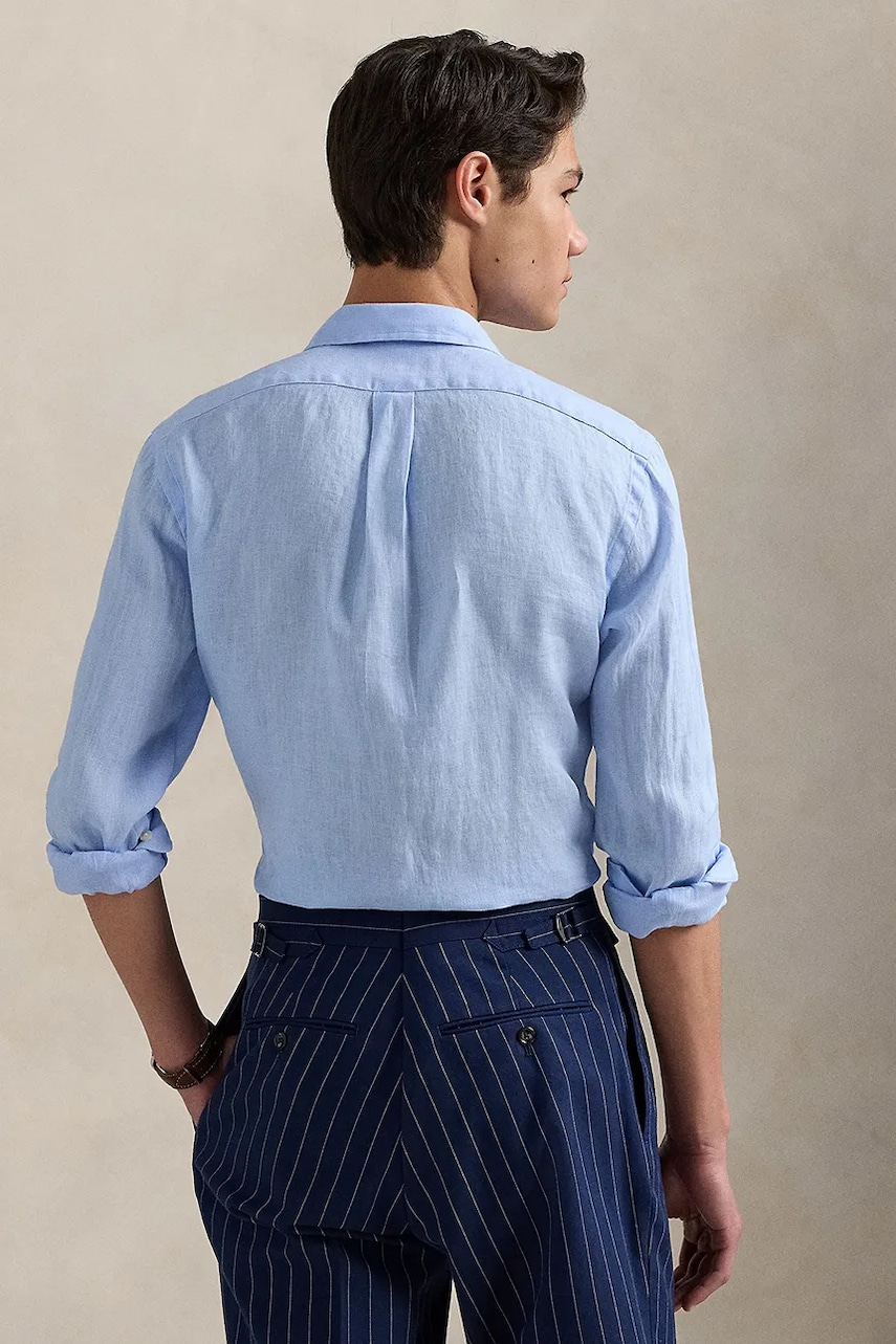Льняная рубашка Polo Ralph Lauren цвет синий slim воротник button-down 710968915 Льняная рубашка Polo Ralph Lauren цвет синий slim воротник button-down 710968915
