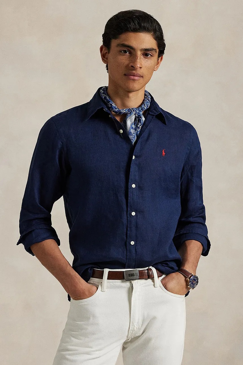 

Ленена риза Polo Ralph Lauren в тъмносиньо с кройка по тялото с яка с копче 710968915, Тъмносин
