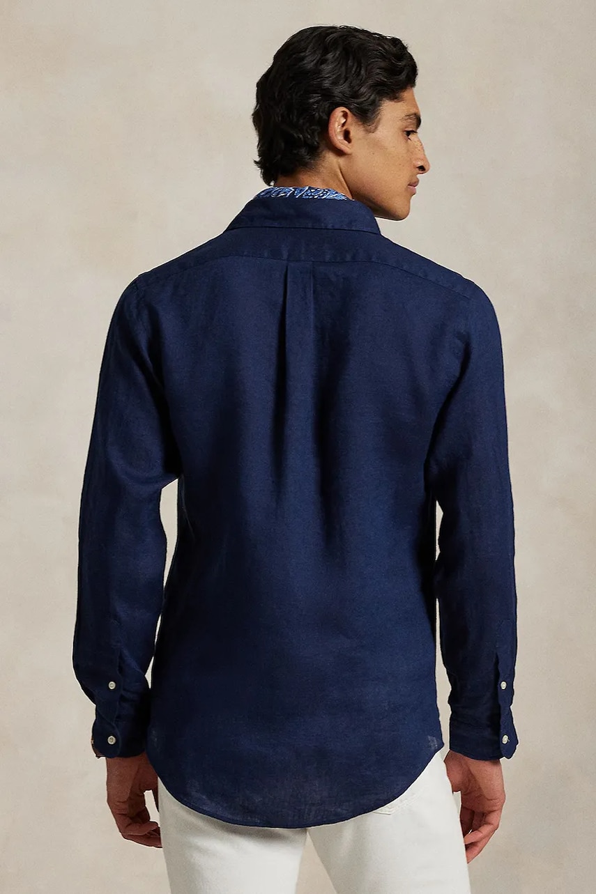 Льняная рубашка Polo Ralph Lauren цвет синий slim воротник button-down 710968915 Льняная рубашка Polo Ralph Lauren цвет синий slim воротник button-down 710968915