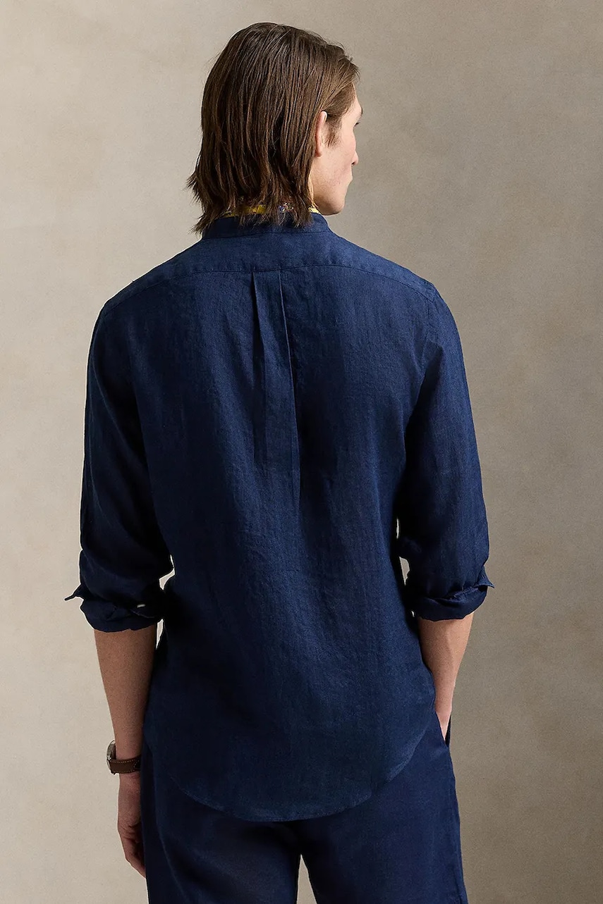 Льняная рубашка Polo Ralph Lauren цвет синий slim со стойкой 710968925 Льняная рубашка Polo Ralph Lauren цвет синий slim со стойкой 710968925