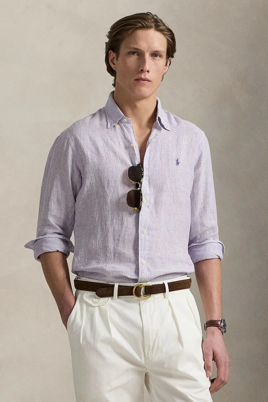 Levně Lněná košile Polo Ralph Lauren pánská, fialová barva, regular, s límečkem button-down, 710968973
