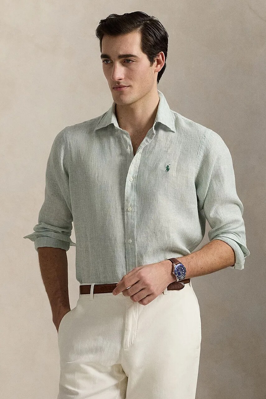 Levně Lněná košile Polo Ralph Lauren pánská, zelená barva, regular, s límečkem button-down, 710968973