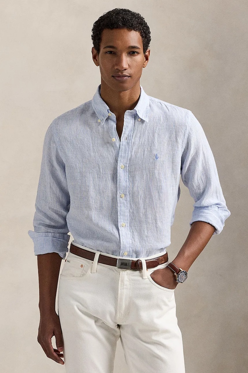 Levně Lněná košile Polo Ralph Lauren pánská, modrá barva, regular, s límečkem button-down, 710968973