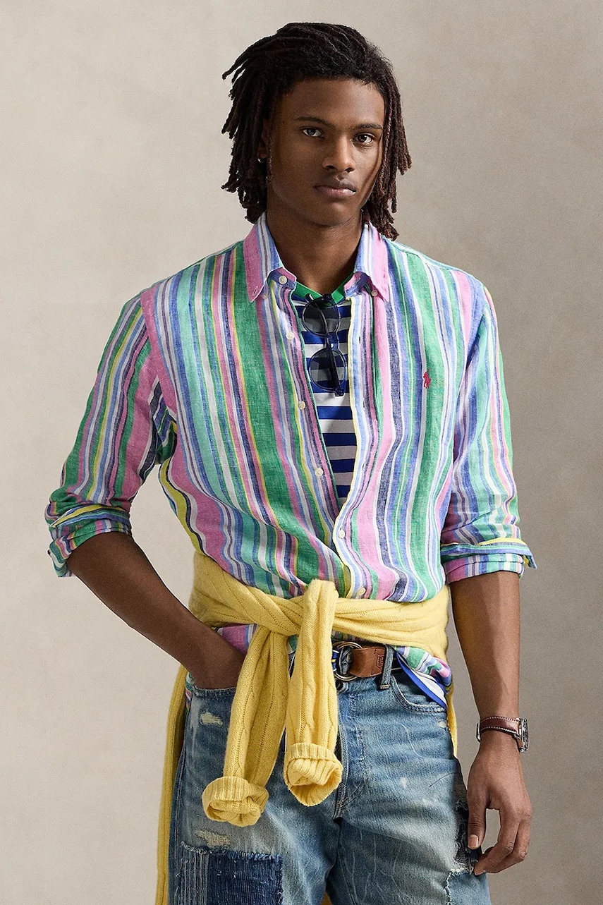 Levně Lněná košile Polo Ralph Lauren pánská, zelená barva, regular, s límečkem button-down, 710968973