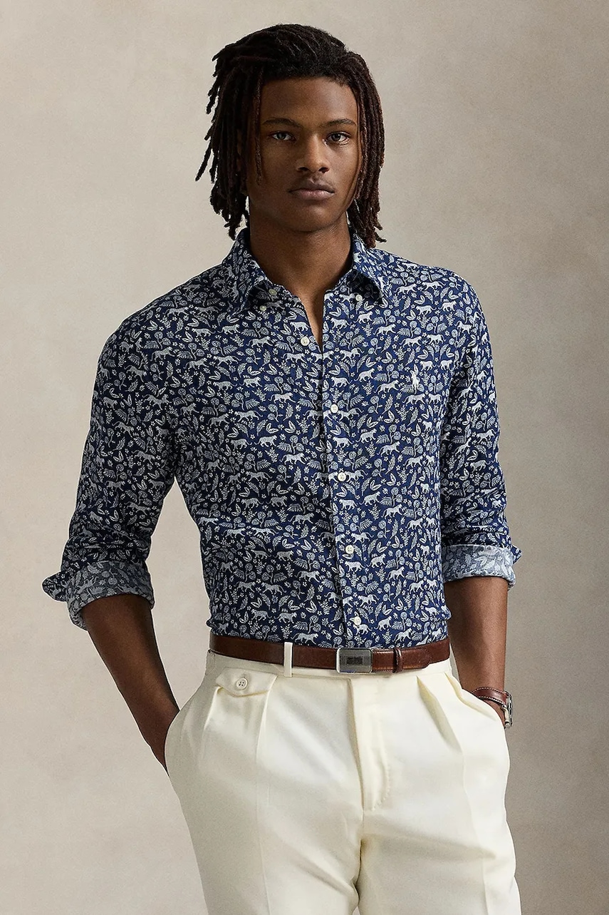 Levně Lněná košile Polo Ralph Lauren Sport Shirt modrá barva, regular, s klasickým límcem, 710968911
