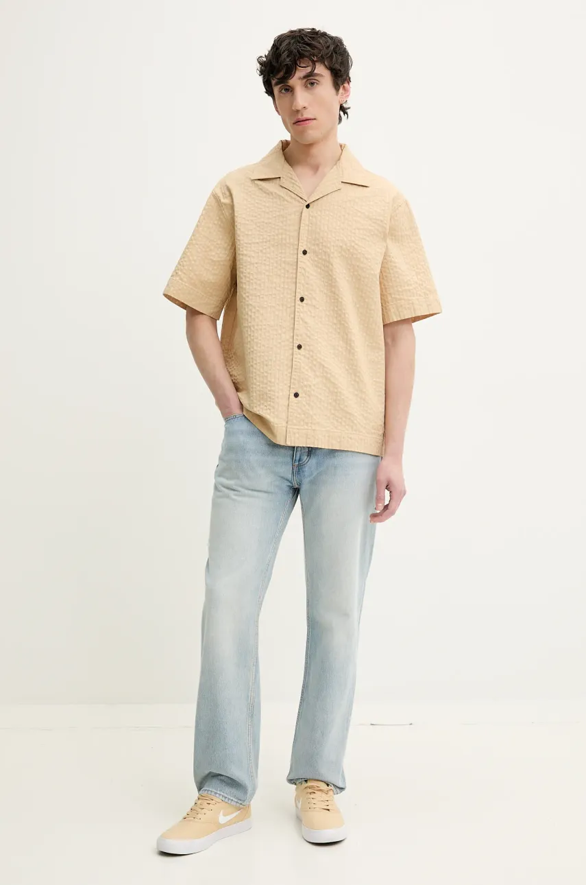 Хлопковая рубашка HUGO мужская цвет бежевый regular 50540137 Хлопковая рубашка HUGO мужская цвет бежевый regular 50540137