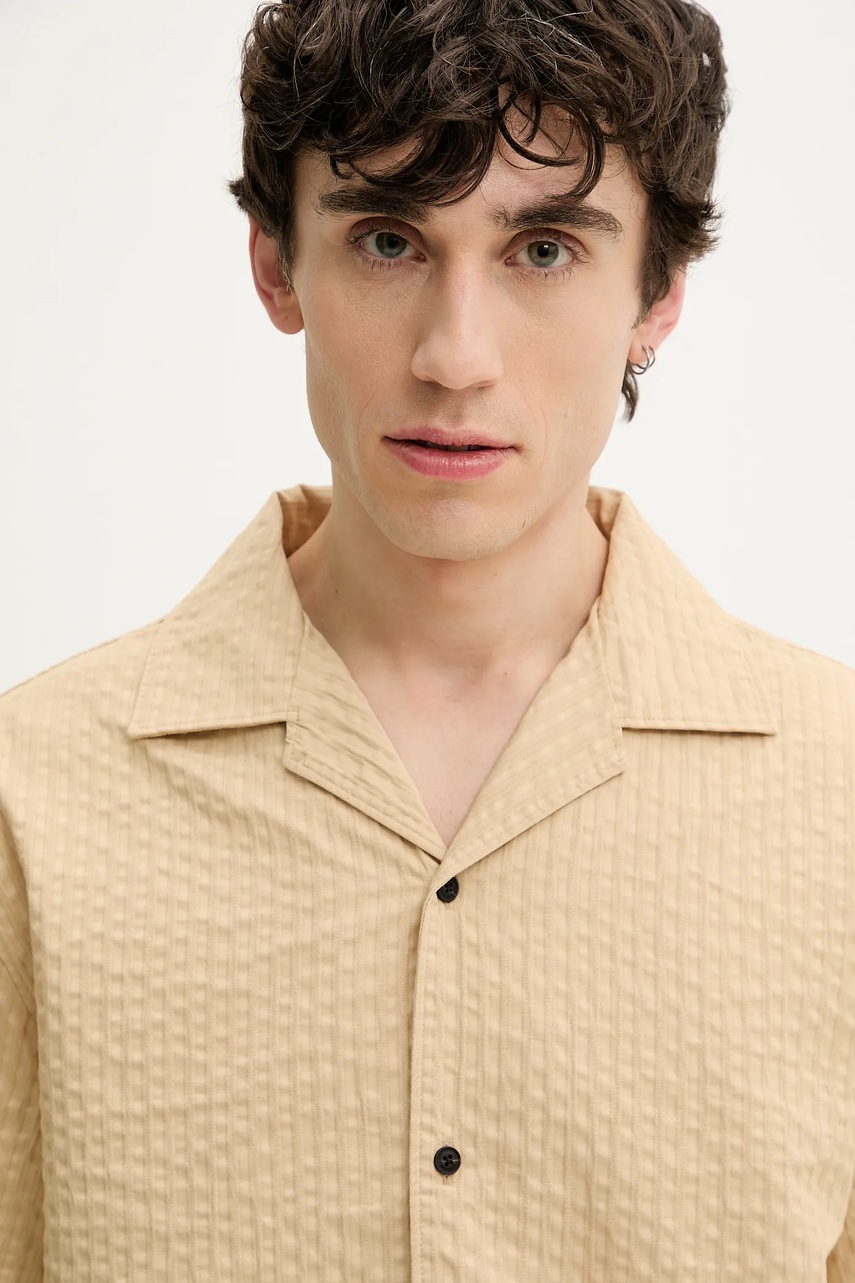 Βαμβακερό πουκάμισο HUGO ανδρικό, χρώμα: μπεζ, 50540137 φωτογραφία