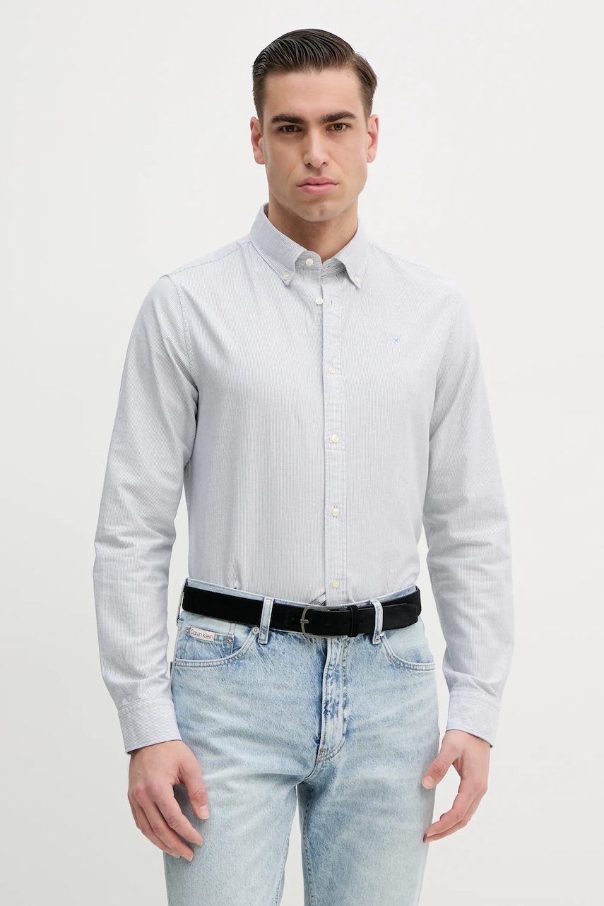 Barbour camasa din bumbac Striped Oxtown Tailored Shirt barbati, culoarea gri, cu guler button-down, slim, MSH5303 Barbour camasa din bumbac Striped Oxtown Tailored Shirt barbati, culoarea gri, cu guler button-down, slim, MSH5303