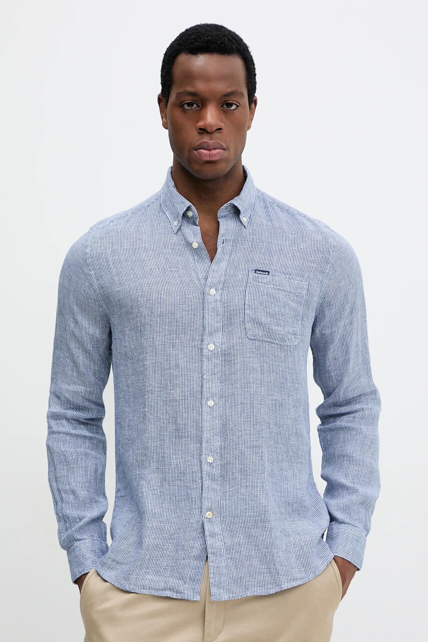 Barbour cămașă de in Linton Tailored Shirt bărbați, culoarea bleumarin, cu guler button-down, slim, MSH5325