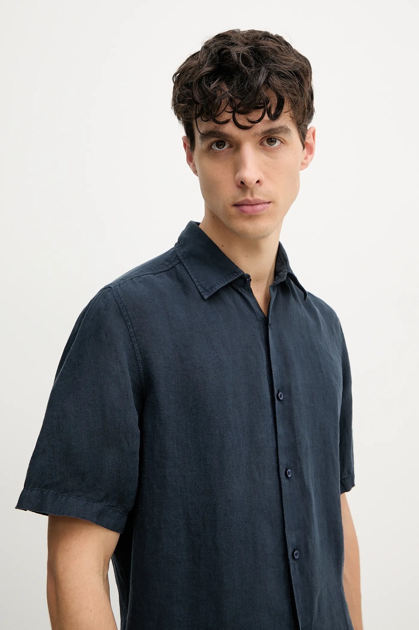 Πουκάμισο από λινό BOSS Orange ανδρικό, χρώμα: ναυτικό μπλε, 50537382 φωτογραφία