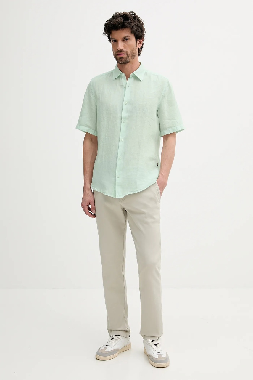 Льняная рубашка BOSS Orange мужская цвет бирюзовый regular классический воротник 50537382