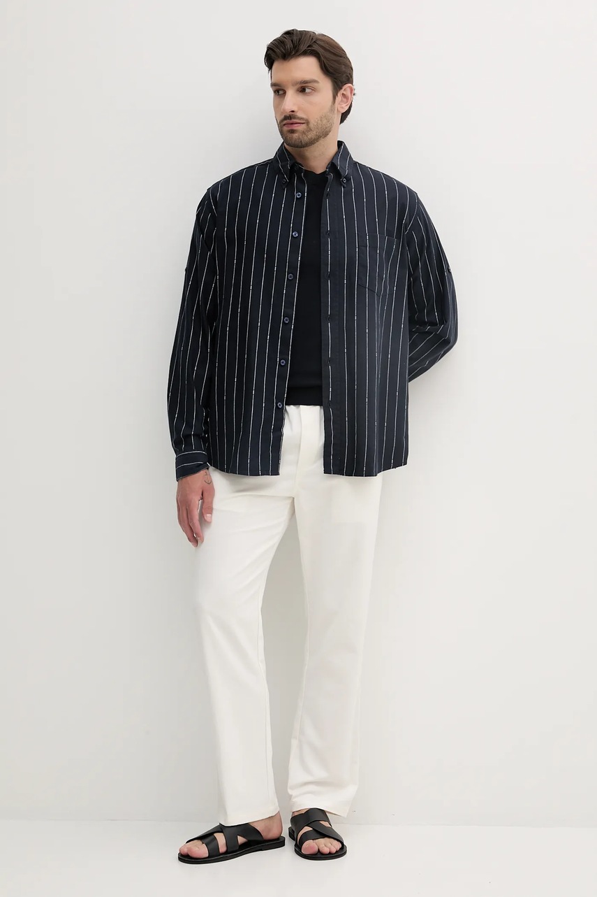 Рубашка с примесью льна BOSS Orange цвет синий relaxed воротник button-down 50538296