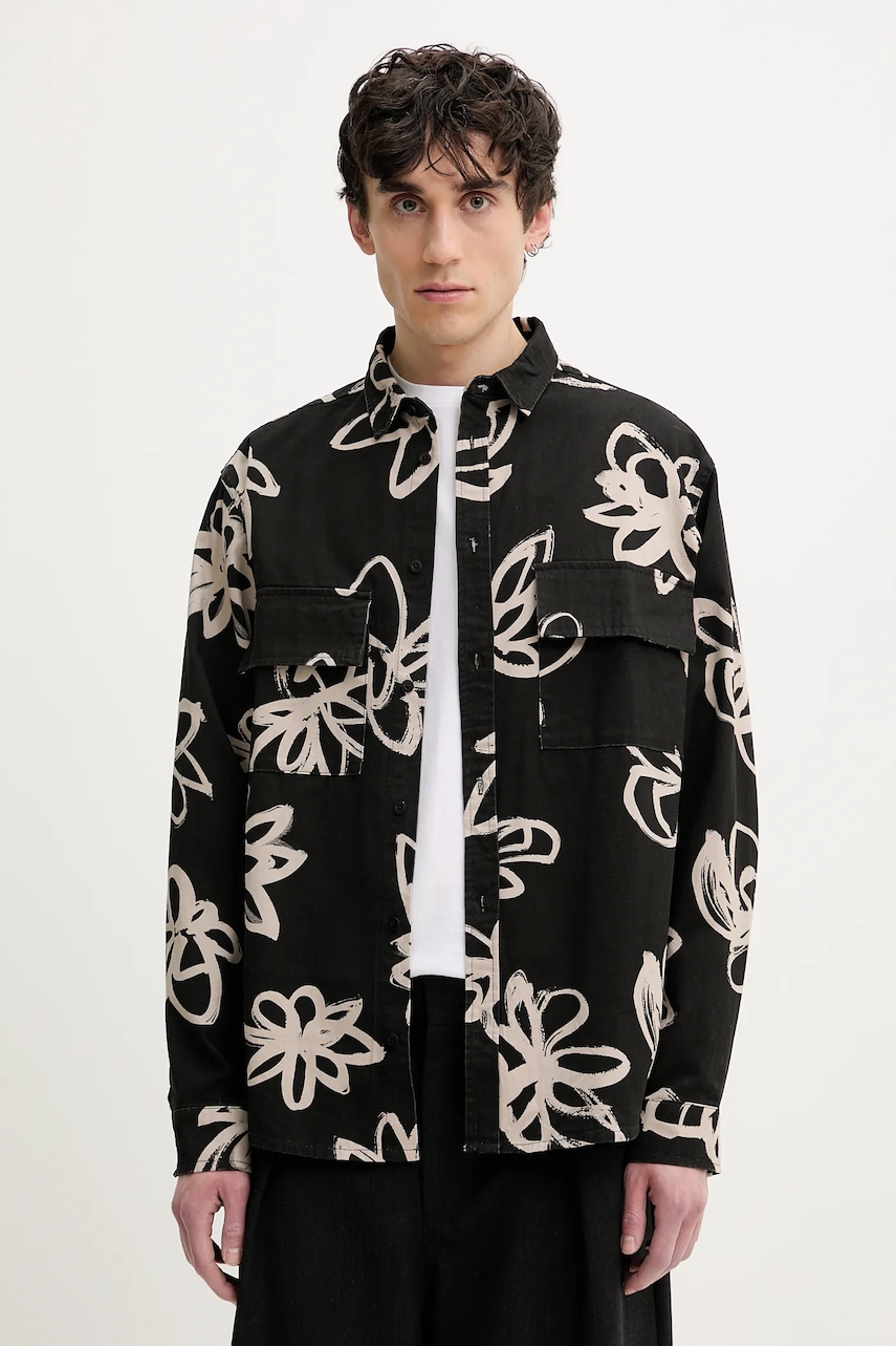 Desigual camasa din bumbac NATURE barbati, culoarea negru, cu guler clasic, relaxed, 25SMCW16 Desigual camasa din bumbac NATURE barbati, culoarea negru, cu guler clasic, relaxed, 25SMCW16