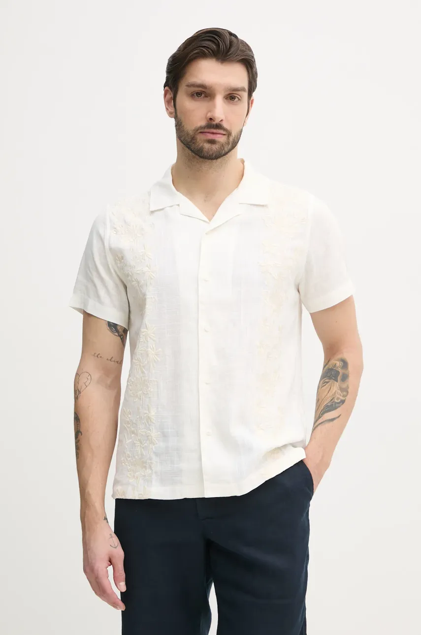 Levně Košile s příměsí lnu Guess MOSLEY pánská, béžová barva, regular, M5GH79 WH350