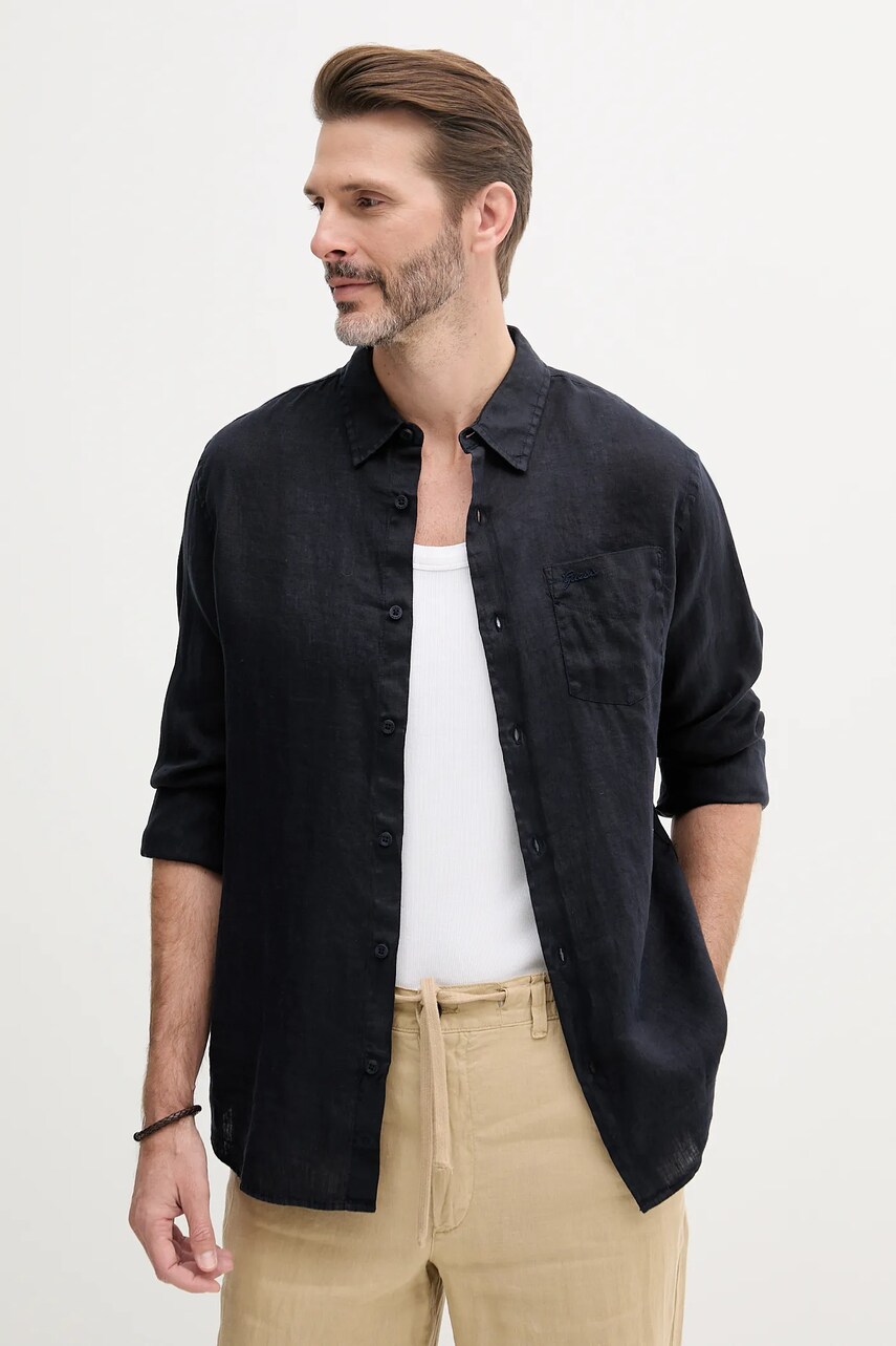 Levně Lněná košile Guess NAPA pánská, tmavomodrá barva, regular, s klasickým límcem, M5GH73 WH3J0