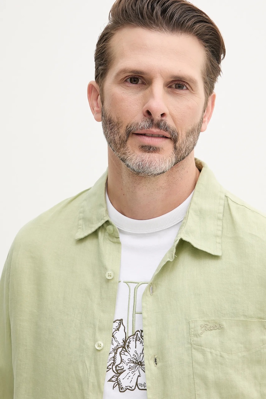 Πουκάμισο από λινό Guess NAPA ανδρικό, χρώμα: πράσινο, M5GH73 WH3J0 φωτογραφία
