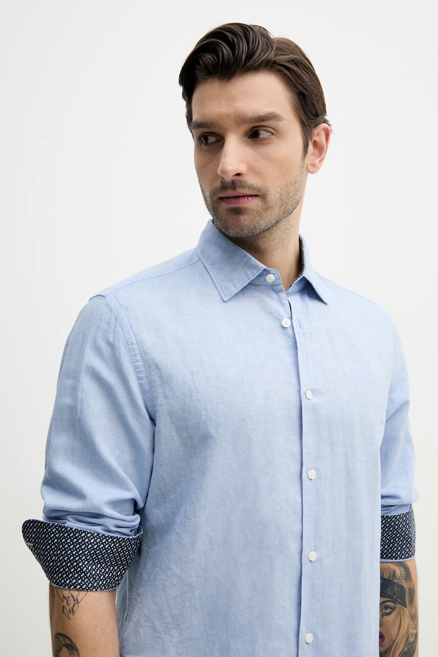 Levně Lněná košile BOSS pánská, modrá barva, regular, s klasickým límcem, 50539531