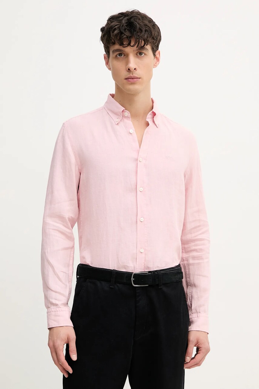 Levně Lněná košile BOSS pánská, růžová barva, slim, s límečkem button-down, 50520283