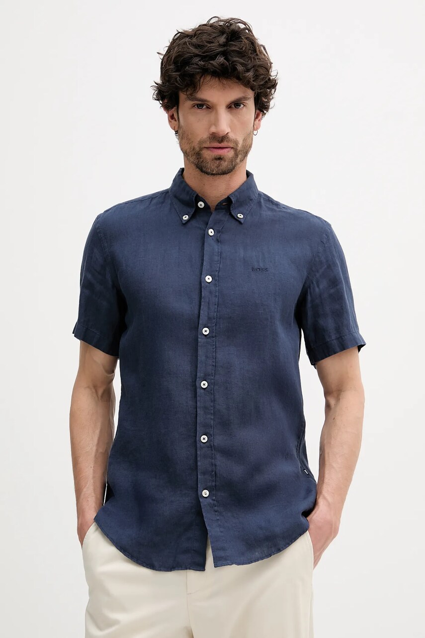 Levně Lněná košile BOSS pánská, tmavomodrá barva, slim, s límečkem button-down, 50539352