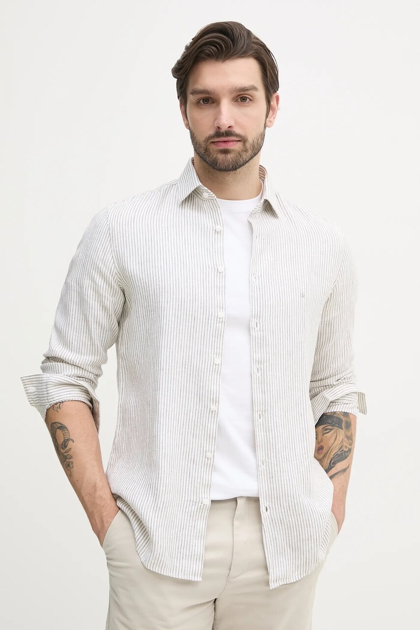 Levně Lněná košile Calvin Klein pánská, bílá barva, regular, s klasickým límcem, K10K109332