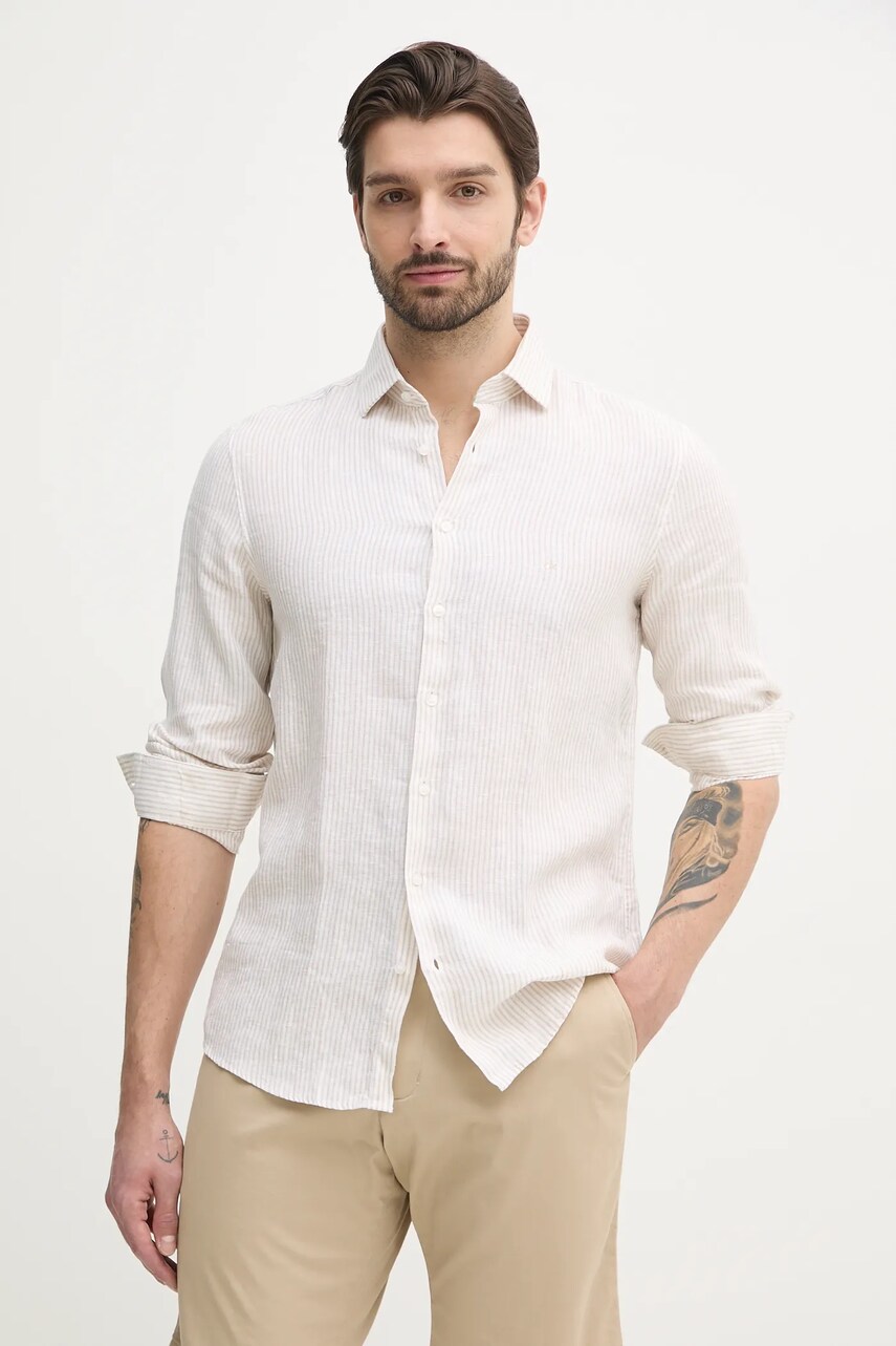 Levně Lněná košile Calvin Klein pánská, béžová barva, regular, s klasickým límcem, K10K109332