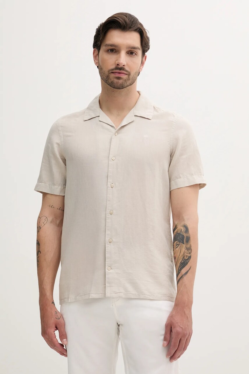 Levně Lněná košile Calvin Klein pánská, béžová barva, regular, K10K114197