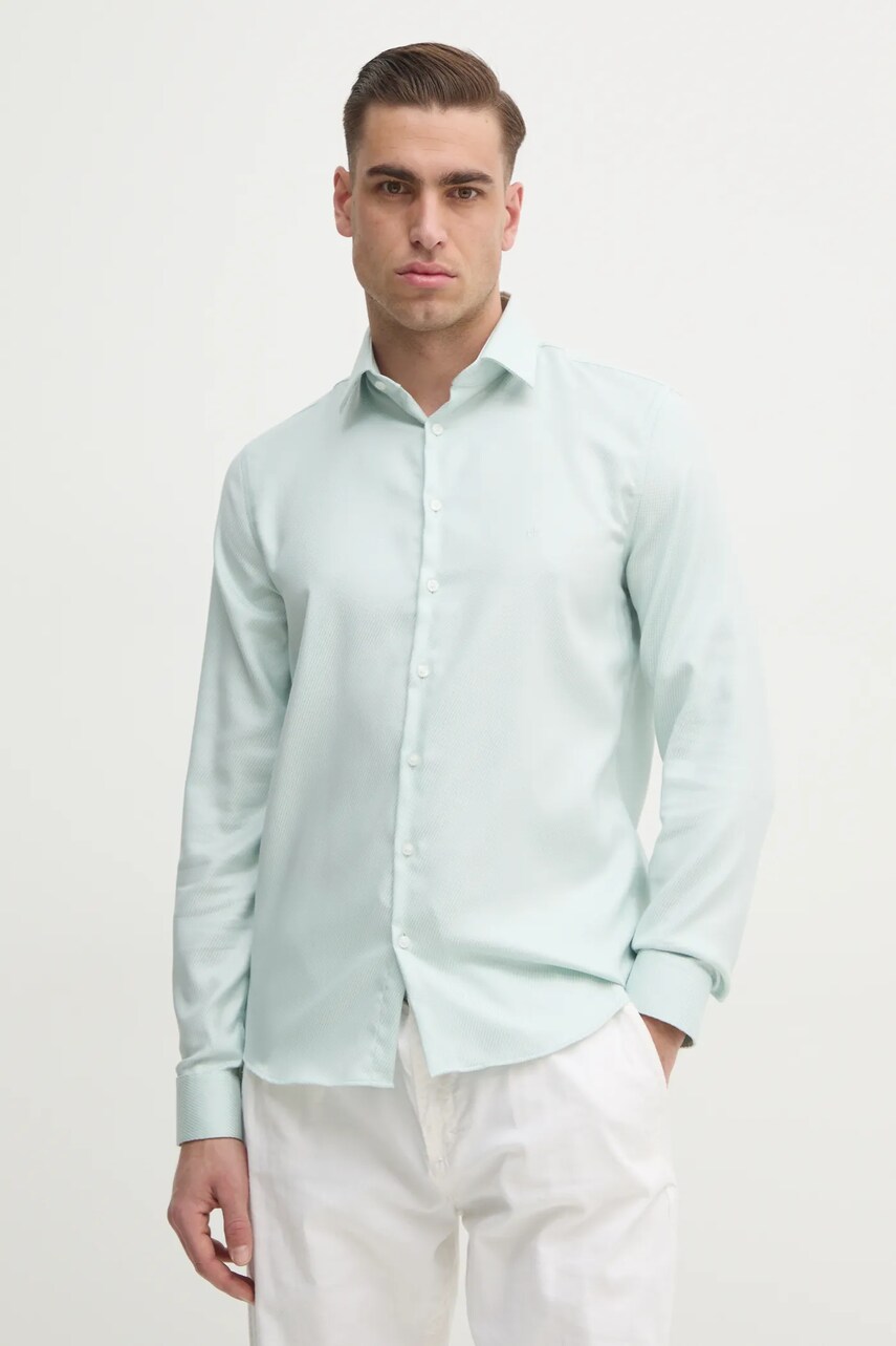 Levně Košile Calvin Klein pánská, tyrkysová barva, slim, s italským límcem, K10K114316