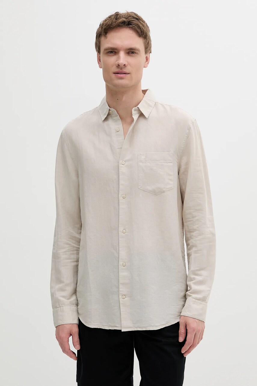 Levně Lněná košile Calvin Klein pánská, béžová barva, regular, s klasickým límcem, K10K114488