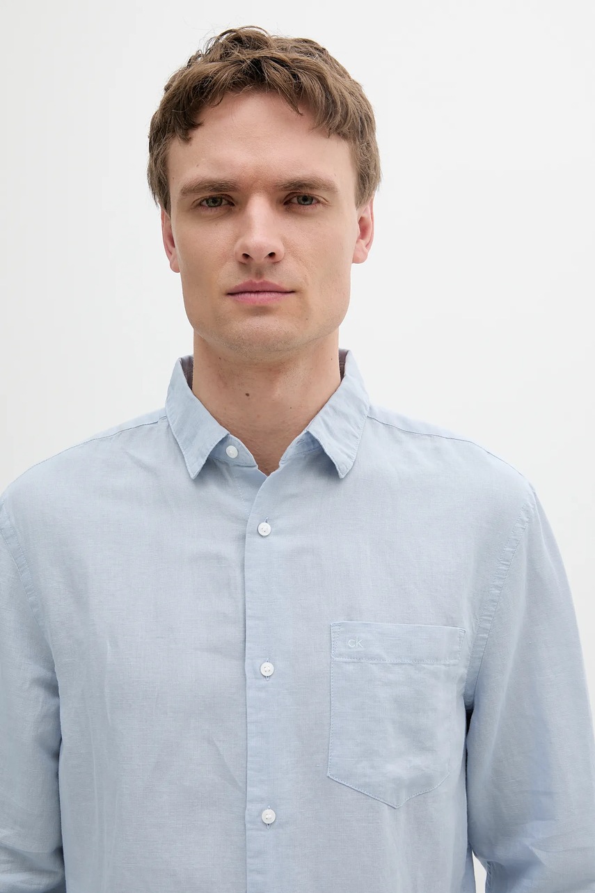 Πουκάμισο από λινό Calvin Klein ανδρικό, χρώμα: μπλε, K10K114488 φωτογραφία