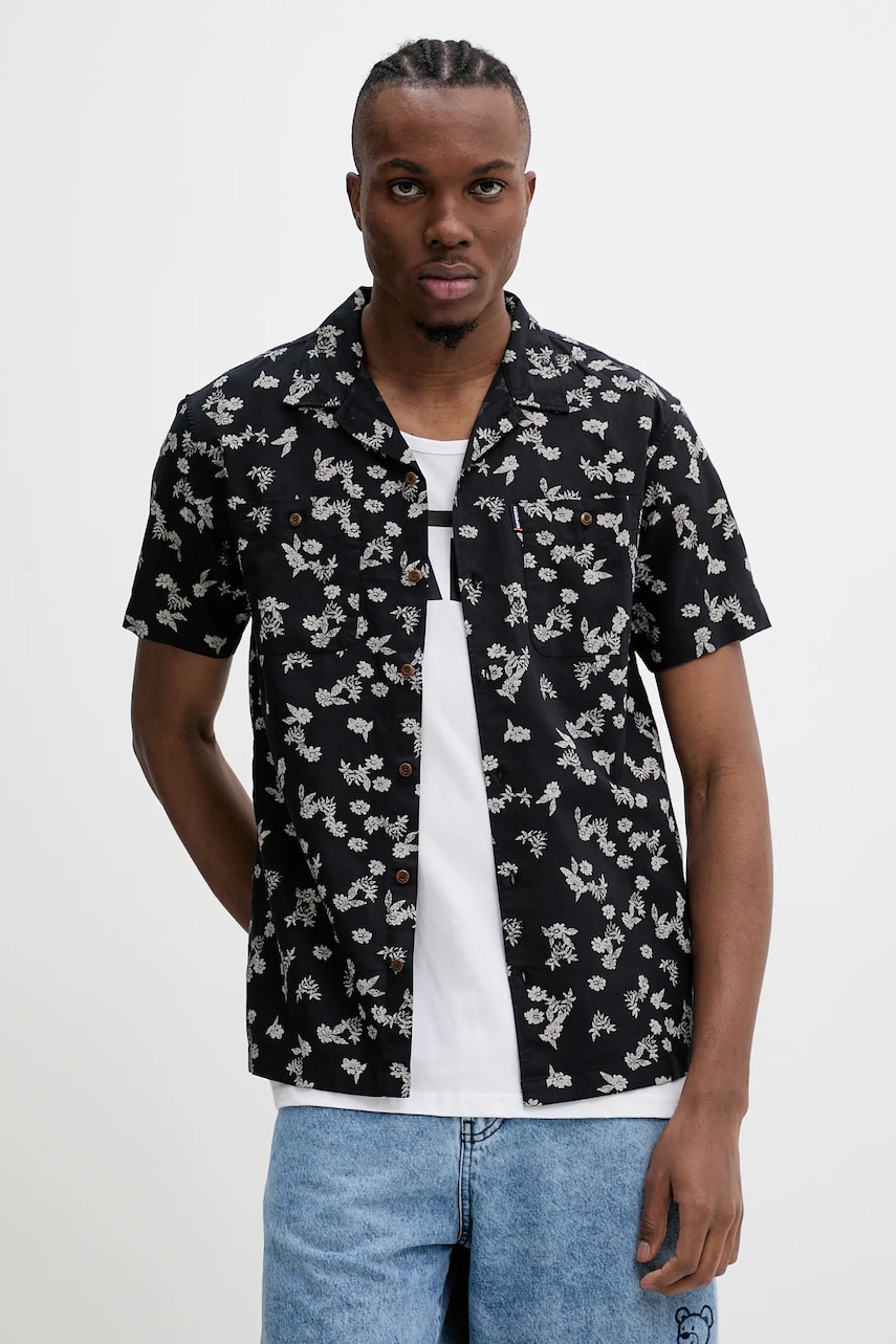 Superdry camasa din amestec de in barbati, culoarea negru, cu guler clasic, regular, M4010793A-F8M Superdry camasa din amestec de in barbati, culoarea negru, cu guler clasic, regular, M4010793A-F8M