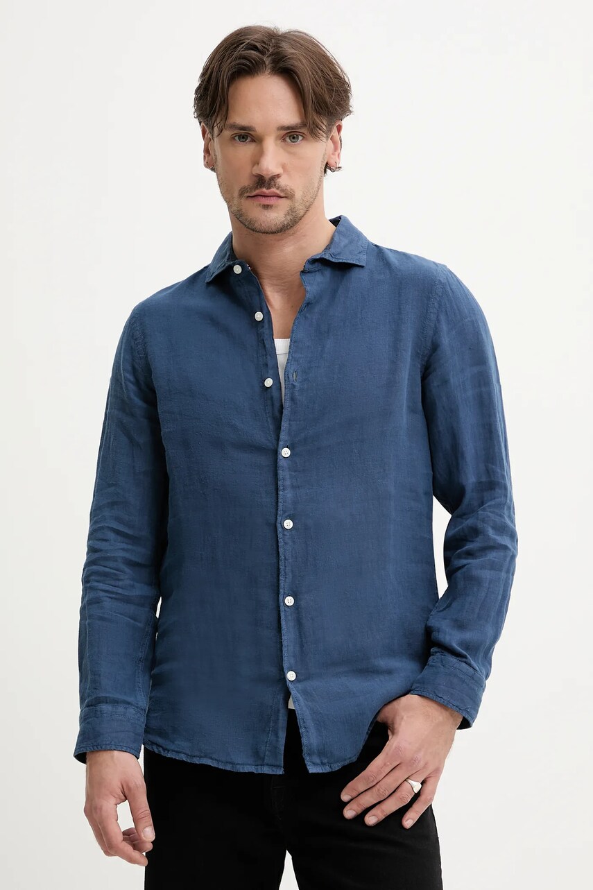 Levně Lněná košile Superdry pánská, tmavomodrá barva, regular, s klasickým límcem, M4010995A-11S