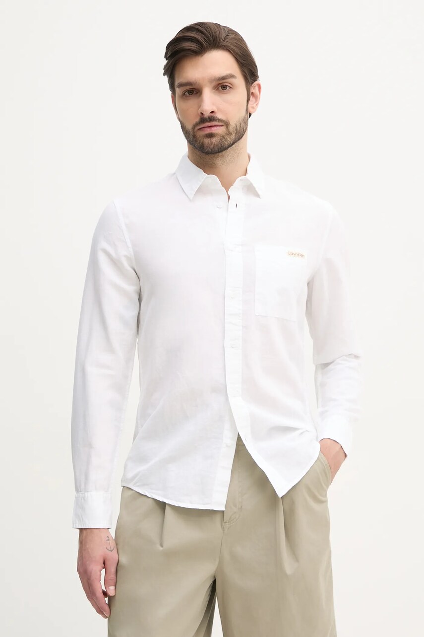 Levně Lněná košile Calvin Klein Jeans pánská, bílá barva, regular, s klasickým límcem, J30J327295