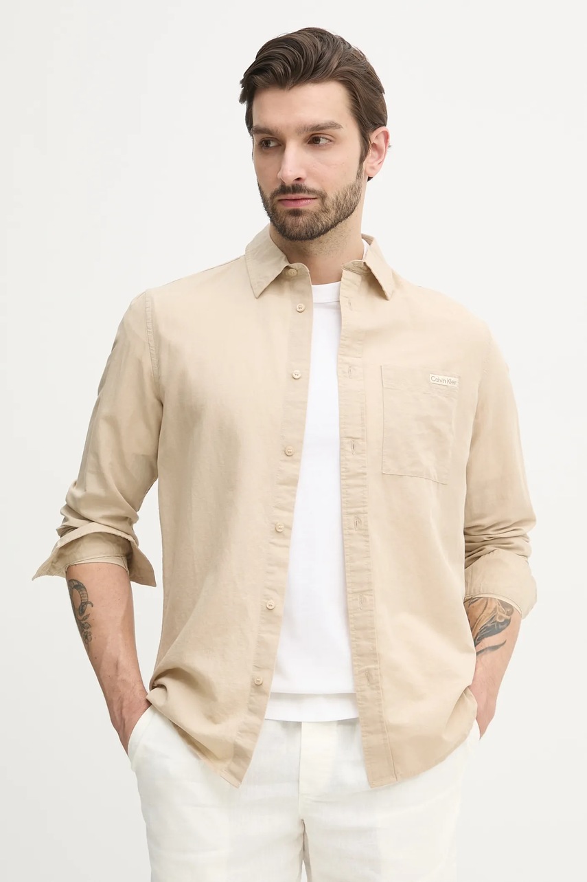 Levně Lněná košile Calvin Klein Jeans pánská, béžová barva, regular, s klasickým límcem, J30J327295